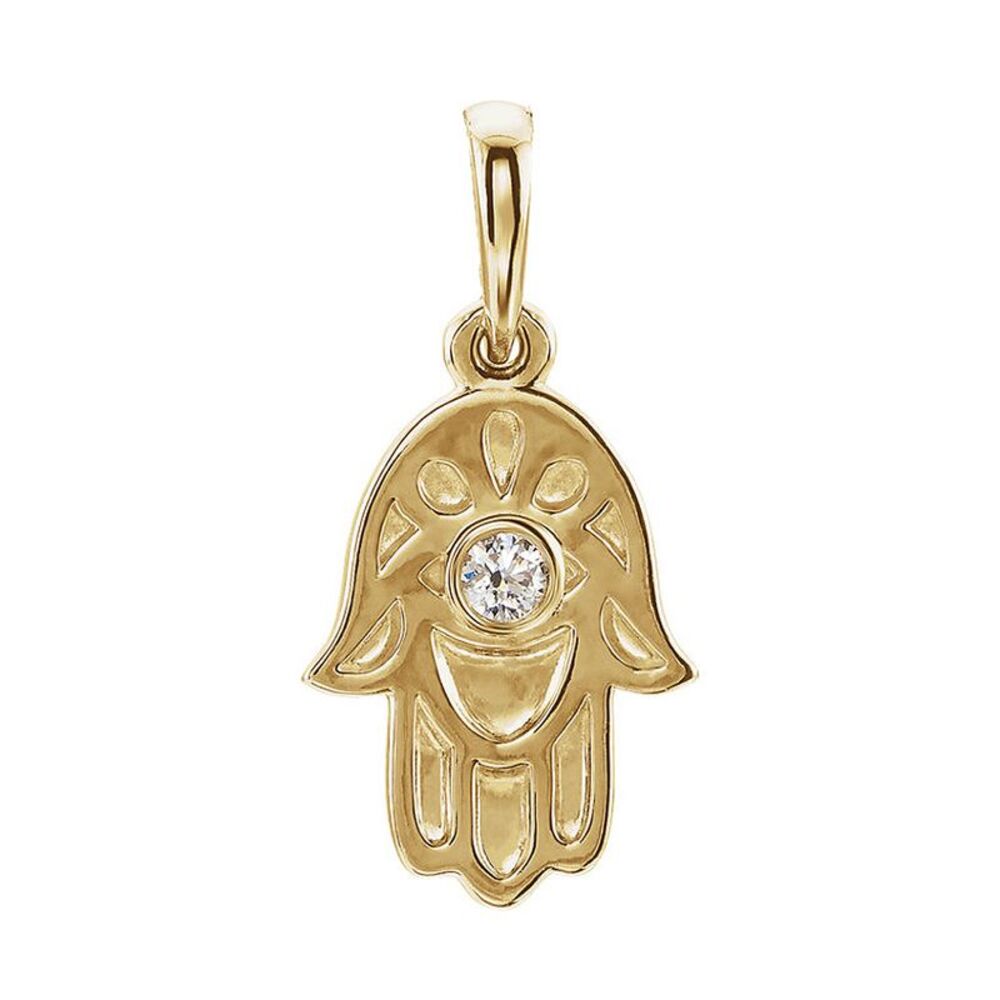 14k Yellow Gold and 0.03 CT Diamond Small Hamsa Pendant, 9mm
